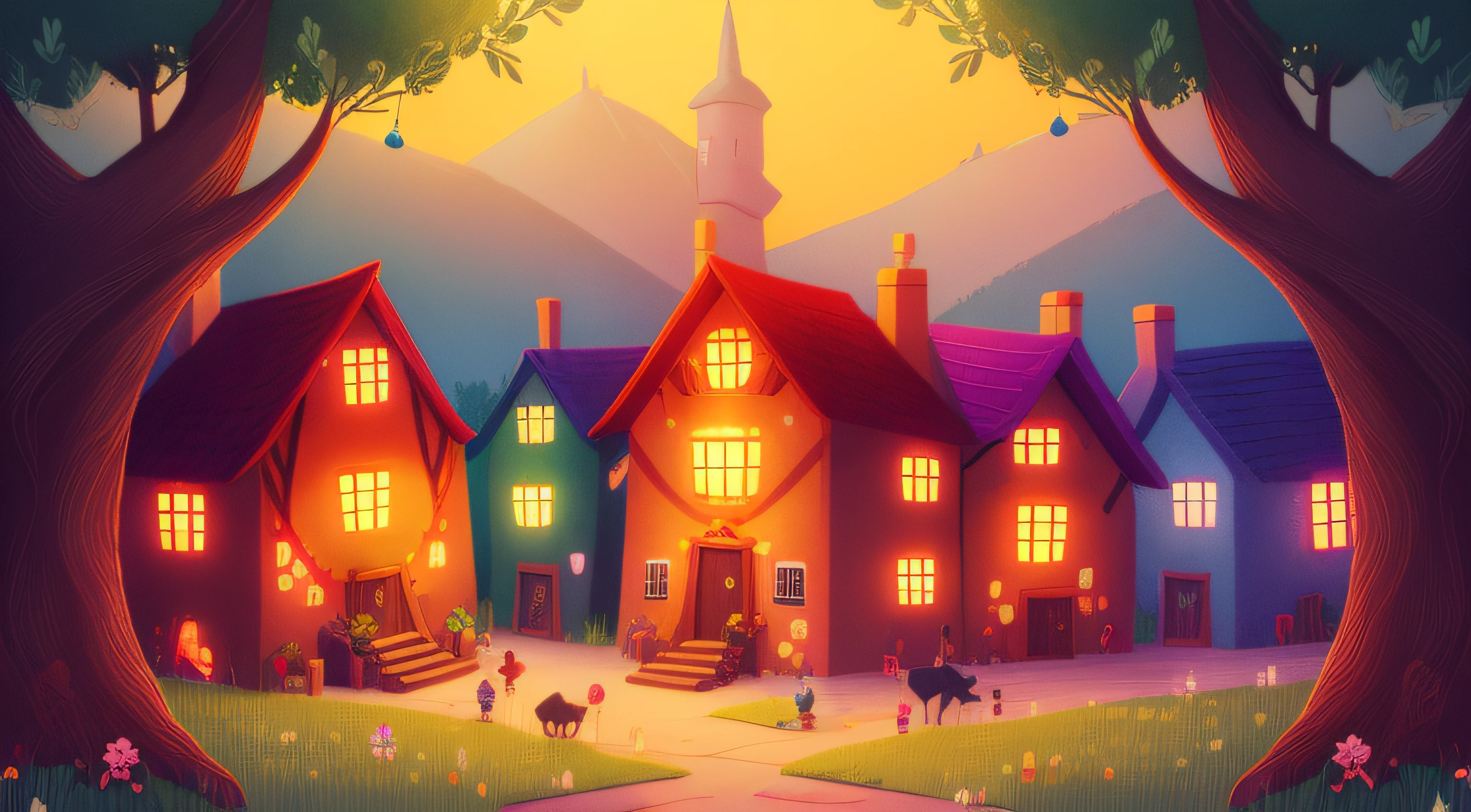 cartoon image, vibrant colors, There was a small village in the heart of an enchanted forest, where all the residents lived happily and shared their food. However, lately, something strange has been happening. Food was mysteriously disappearing from people's homes.