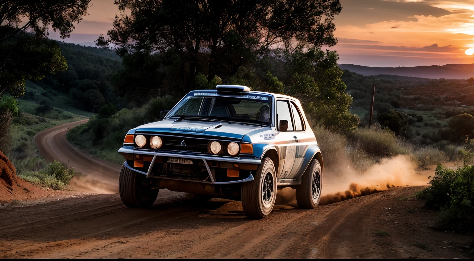 "A rally car speeding on a rugged dirt track with small hills, slightly airborne. The road is surrounded by wire and wooden fencing, with lots of vegetation and trees. The scene is at sunset with a beautiful sunset glow, photographed by a professional photographer in high resolution, extremely realistic and detailed."