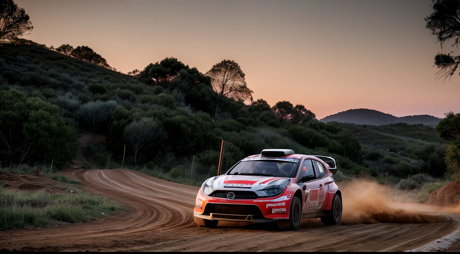 "A rally car speeding on a rugged dirt track with small hills, slightly airborne. The road is surrounded by wire and wooden fencing, with lots of vegetation and trees. The scene is at sunset with a beautiful sunset glow, photographed by a professional photographer in high resolution, extremely realistic and detailed."