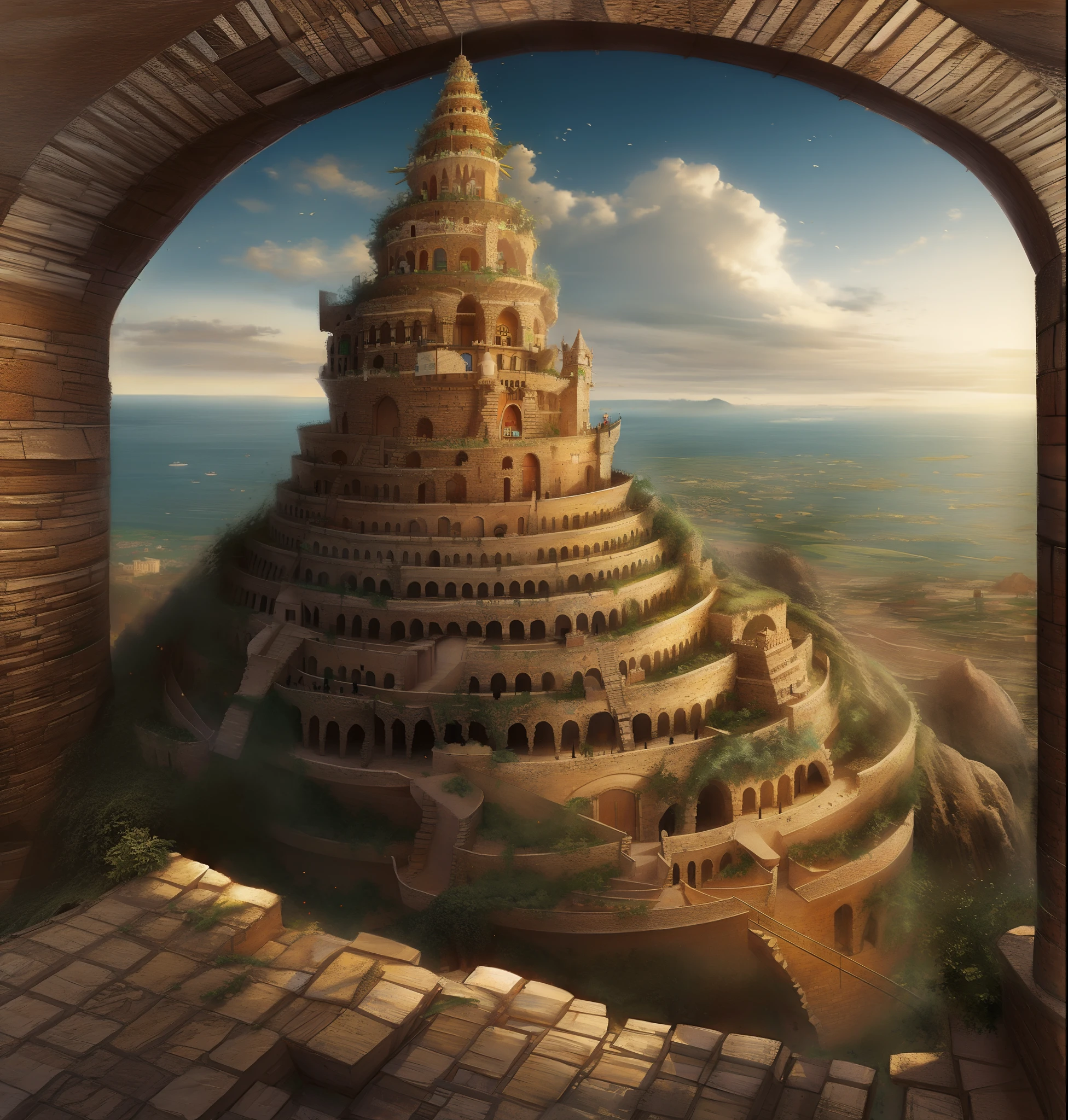 Arafed Torre de Babel no meio de uma cidade, Torre de Babel, A Torre de Babel, Babel, Biblioteca de Babel, Bruegels A Torre de Babel, arquitetura de fantasia, Pintura fosca elaborada, Arquitetura romana surrealista, Marcos Simonetti. intrincado, Marc _ Simonetti, inspirado em Marc Simonetti