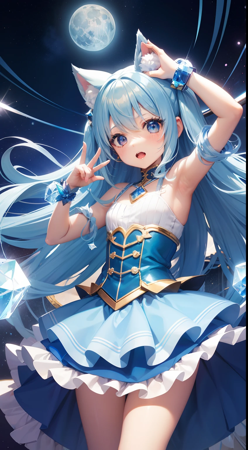 Chibichara、long hair with blue hair、Fluffy Dodge、girl with((Chibi Chara))、Engaging pose、Blue and white costume、Fantasia、Luminous Crystal、Crystal jade、constellation、a moon、Fantastic background、masutepiece