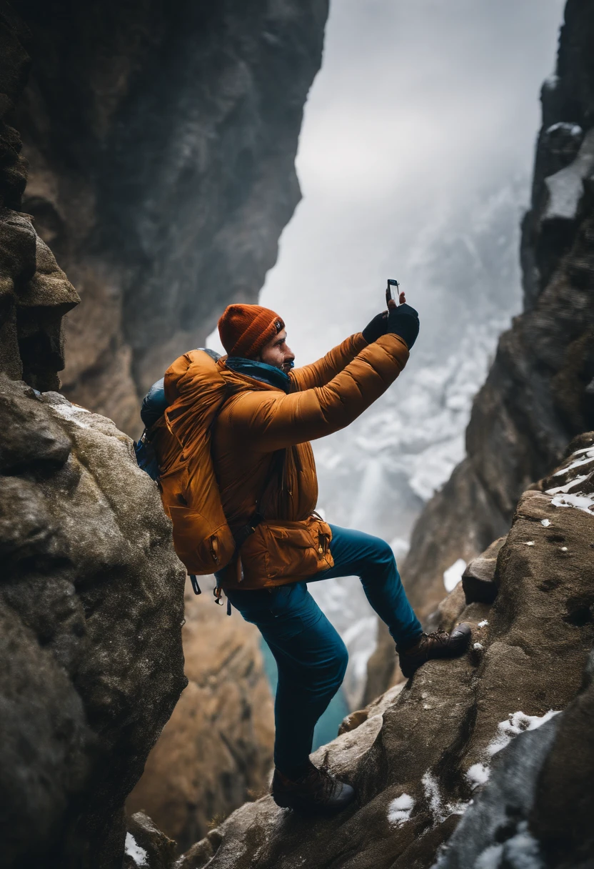 Man takes selfie on cliff,Snow Mountain, cliff, (1 man: 1.2), (Manlock Climbing: 1.4), Ice Axe, Lifeline, backpack, Polarized glasses, Ice Waterfall, band,Brave climbers fight against stone walls in winter clothes.., ?????????, hook, Vertical stone wall,danger,exciting,People Focus,(10, 11, Award-winning, bestquality, high-res, super detail,ultra-detail, anatomically correct, Masute pieces)