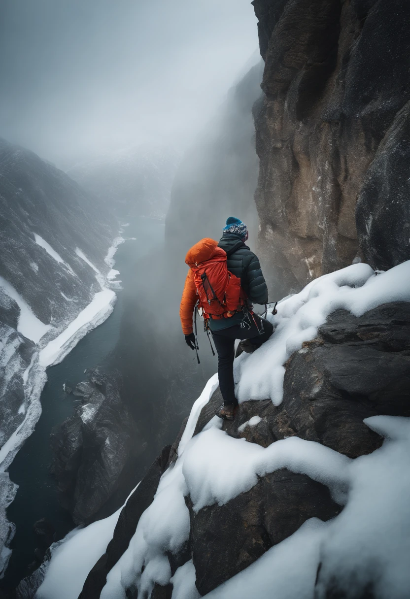 Man takes selfie on cliff,Snow Mountain, cliff, (1 man: 1.2), (Manlock Climbing: 1.4), Ice Axe, Lifeline, backpack, Polarized glasses, Ice Waterfall, band,Brave climbers fight against stone walls in winter clothes.., marijuana, hook, Vertical stone wall,danger,exciting,People Focus,(10, 11, Award-winning, bestquality, high-res, super detail,ultra-detail, anatomically correct, Masute pieces)