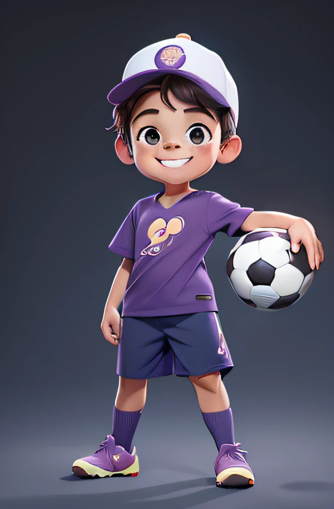 [(An adorable smiling boy standing up with one foot over a soccer ball:1.2)(Small and cuddly baby)(pele clara)(Feliz)][(vestindo fantasia inspirada no 'Minnie') , childrens illustration , fundo limpo], wearing a purple t-shirt and a beisball hat, corpo inteiro .