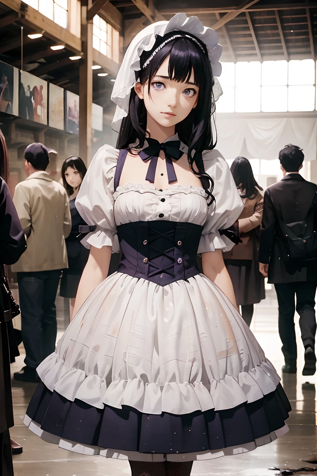 cosplay,pov,natural lighting,1girl,solo,
ta_dress,standing,bonnet,
crowd,cosplay,blur,blurry,blurry background,nsfw,
Insanely Detailed,Art by Gregory Crewdson,Yoji Shinkawa,Guy Denning,James Jean and Liz Gael,Ink Drip,Paint Splatter,((Chiaroscuro)),((((Textured)))), Blunt Bangs, long curly dark blue hair, purple eyes