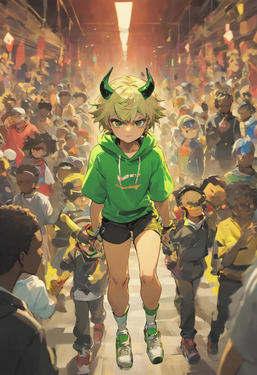 white background, three black boys, little children, with guns in hands, red horns on head, white t-shirt, green pants, nike snickers, hip-hop, style, sicko