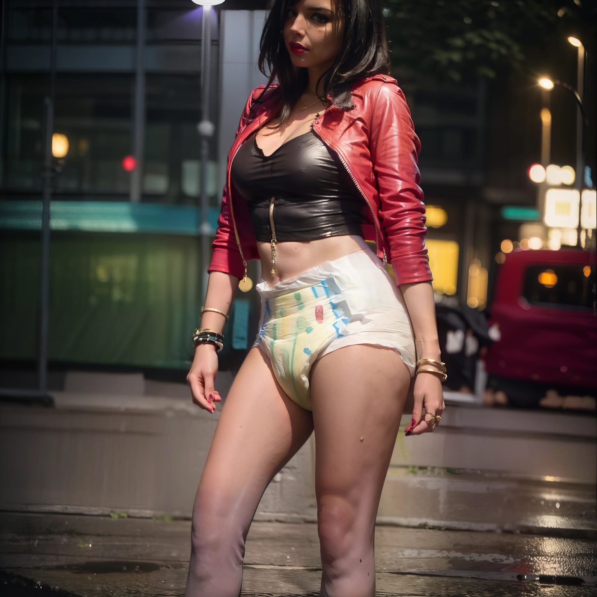 (masterpiece, top quality, best quality, highly detailed:1.2), colorful, 1girl, solo, photo of a sexy woman posing seductively on the street corner in a soiled diaper, city, outdoors, standing, diaper, black diaper, wet diaper, soggy diaper, messed diaper, diaper mess, hypermessing, connerie stain, faded wetness indicator, thigh high heels, black hair, green eyes, smirking, golden braclet, red biker jacket, revealing white crop top, stockings, jade ring, red lipstick, night, neon lights, city