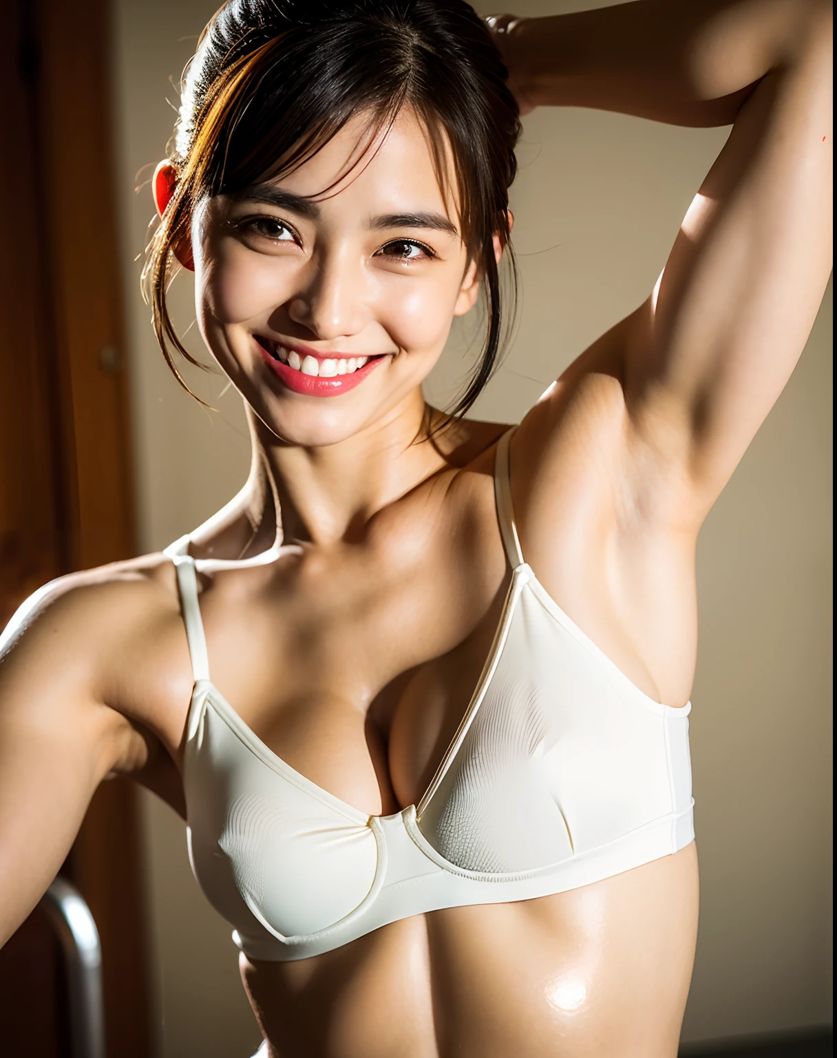 top-quality、(8K、realistic skin textures、detailed skin textures、Detailed facial appearance)softlight、(depth of fields)、超A high resolution、(Photorealsitic:1.4)、Raw photography、Armpit、hairarmpits、realistic armpit、Detailed textured armpits、Armpit、White bra、White panty、(portlate:1.4)、(from the front side) 1 Japan Girls、独奏、Underwear、Photograph the whole body、Standing、(Armpit、Show the armpits、armpit pose)、(full of shyness、A smile: 1.1)、(Brown-eyed)、detailed beautiful faces、(at noon_hair)、sit on a bed、(White underwear)、Bright red lipstick、pony tail hairstyle、A smile、Lightlit armpits、Sweaty and shiny armpits