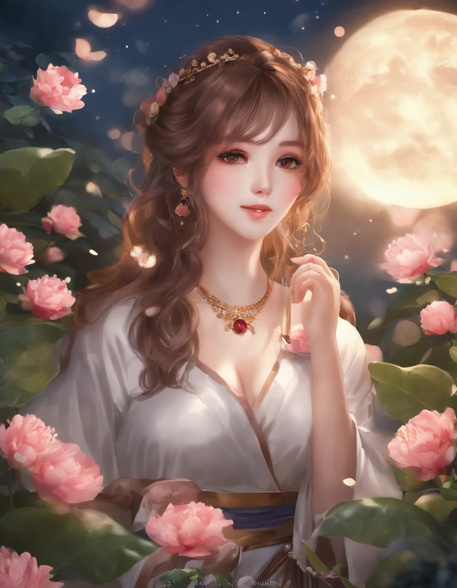 anime big breast，Female Tatsuka Fujimaru，komono， Japanese clothes， wading， Eau， Hair flowers， florals， exteriors， Skysky， moon full， Sateen，obi strip， paper lanterns， nigh sky，（（（tmasterpiece），（Very detailed CG unity 8k wallpaper），best qualtiy，，独奏，1girl，cinmatic lighting，detailed back ground，beatiful detailed eyes，Bright pupils，（very fine and beautiful），（Beautiful and detailed eye description），ultra - detailed，tmasterpiece，）），