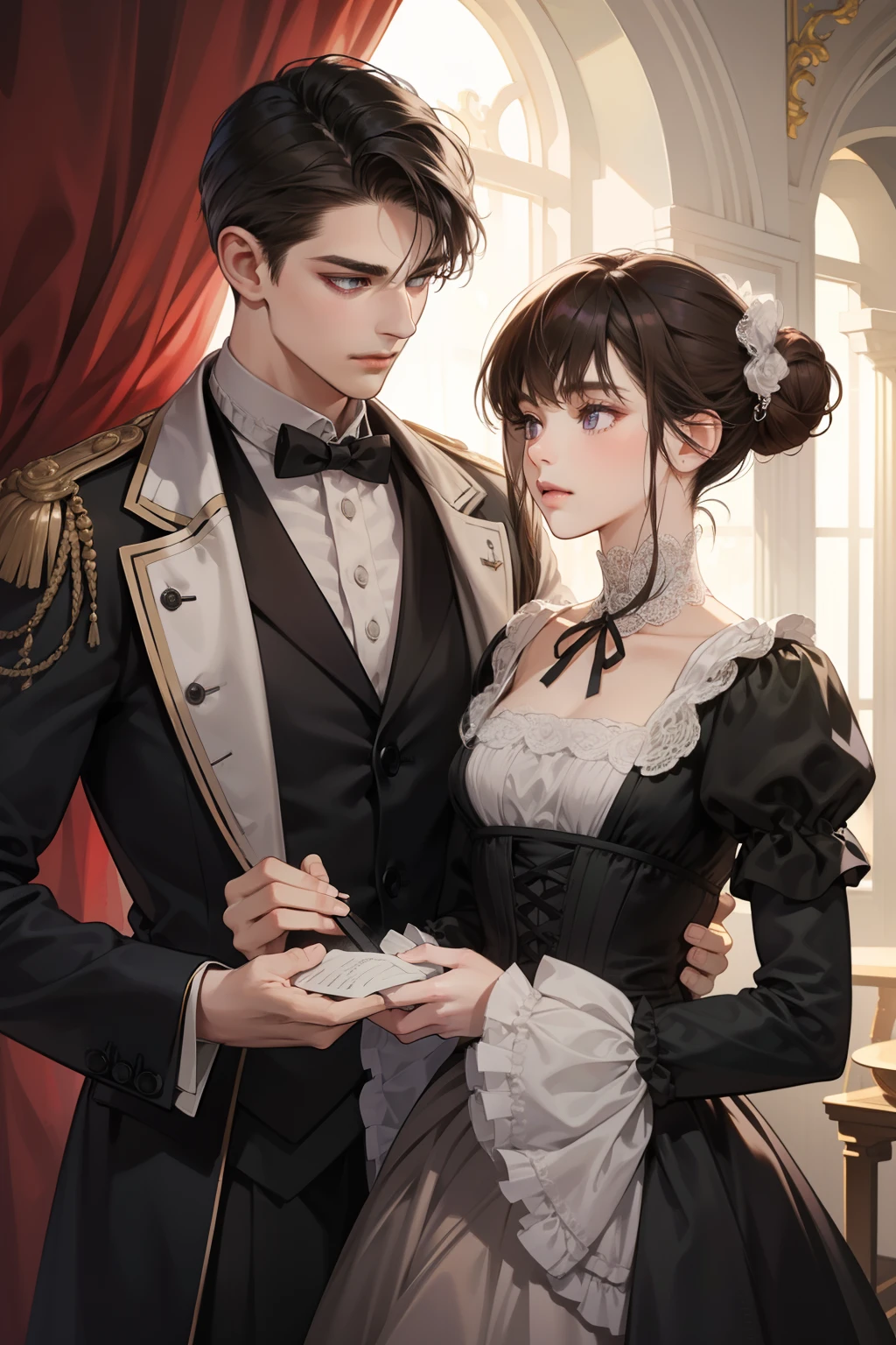Couple, 1 girl 1 boy, different hair color, girl with long black bang hair with a bun, purple eyes girl, boy with short dark brown hair and grey eyes, romance, Victorian era, masterpiece, detailed