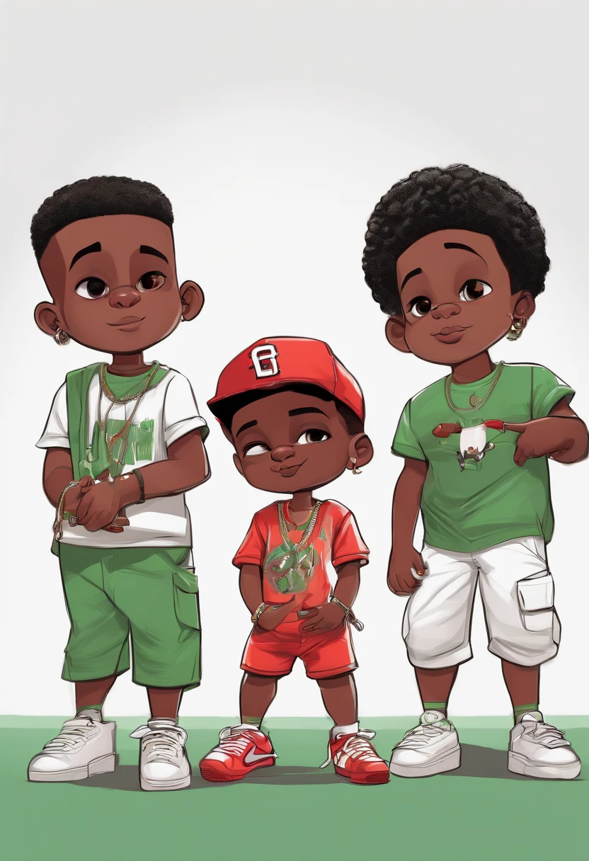 art, drawing, line art, white background, three black boys, , with guns in hands, red horns on head, white t-shirt, green pants, nike snickers, hip-hop, style, sicko
