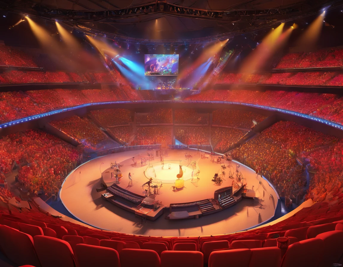 Imagine a rock concert seen from the audience's point of view. The characters and setting are meticulously designed in the Disney Pixar Dreamworks 3D style, creating an animated film atmosphere reminiscent of Disney, Pixar and Dreamworks.