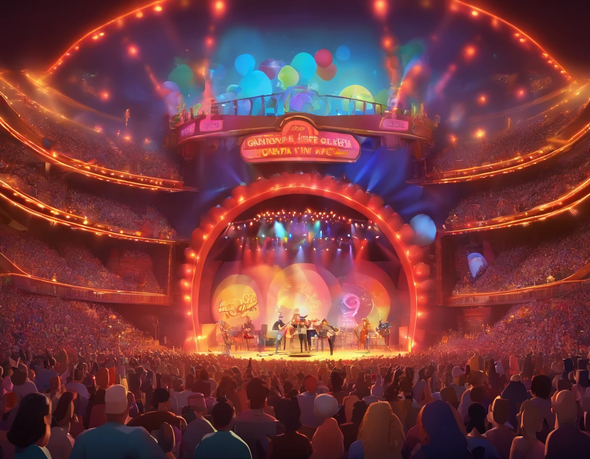 Imagine a rock concert seen from the audience's point of view. The characters and setting are meticulously designed in the Disney Pixar Dreamworks 3D style, creating an animated film atmosphere reminiscent of Disney, Pixar and Dreamworks.