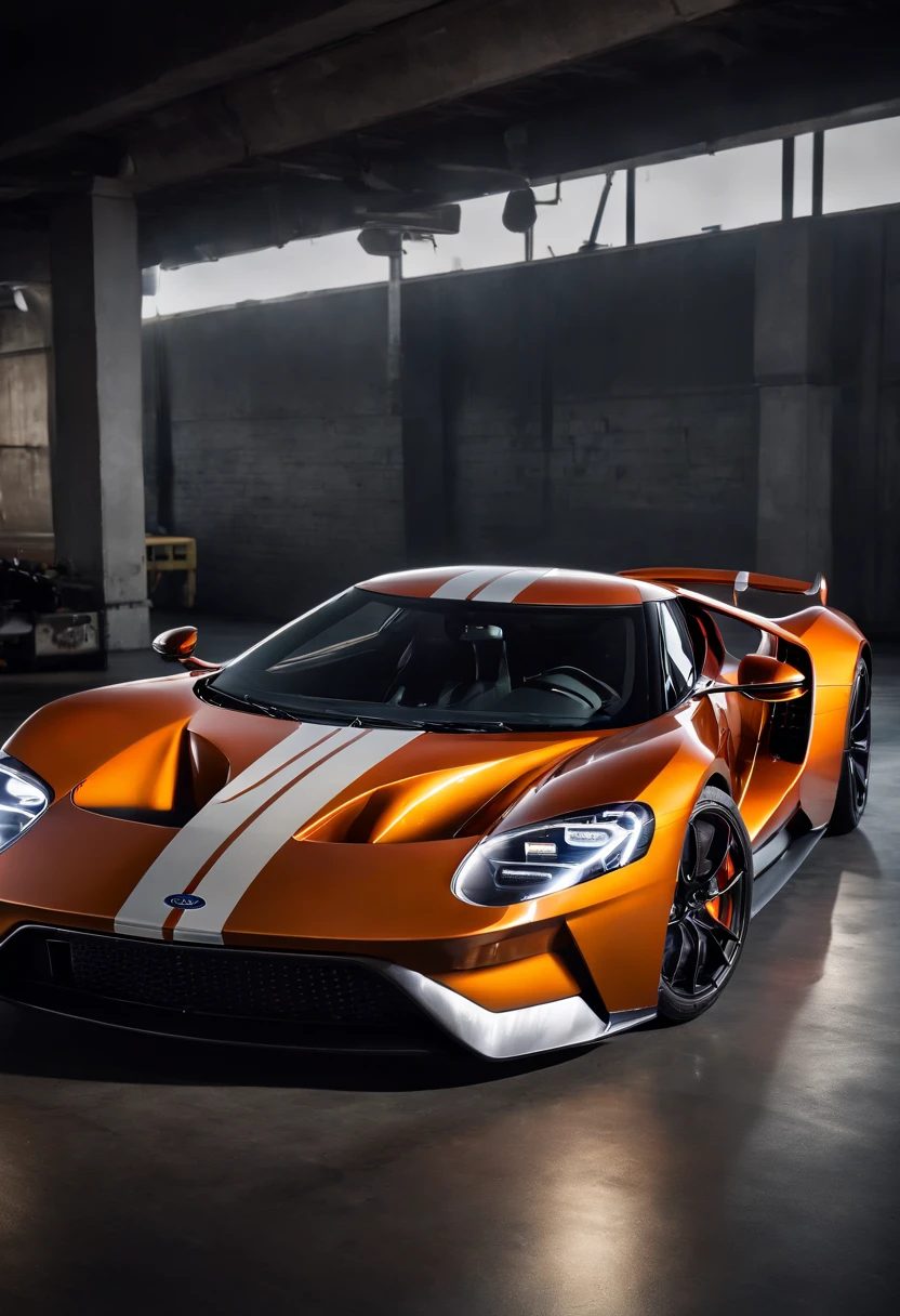 Detailed raw HD photo medium-distance photo (ford gt hypercar) , showroom, parked in a parcade (darkly lit, dimly lit, discreet) grunge , menacing urban environment, metal tubes, concreating, decay, micro-details, hyperdetailed, raytracing, realism, crystal clear, photorealism, photorealistic,
(nocturnal, pitch, moody and dark:1.3) (bright headlights: 1.2)