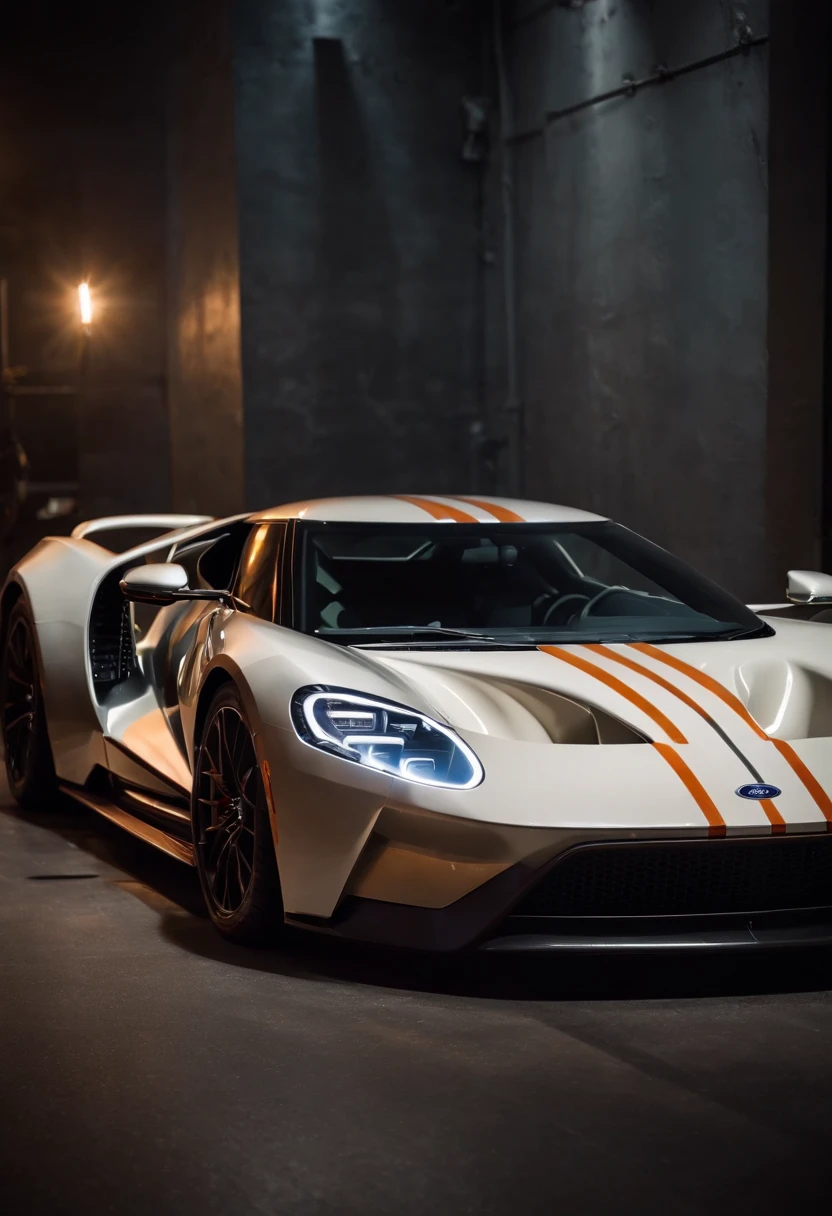 Detailed raw HD photo medium-distance photo (ford gt hypercar) , showroom, parked in a parcade (darkly lit, dimly lit, discreet) grunge , menacing urban environment, metal tubes, concreating, decay, micro-details, hyperdetailed, raytracing, realism, crystal clear, photorealism, photorealistic,
(nocturnal, pitch, moody and dark:1.3) (bright headlights: 1.2)