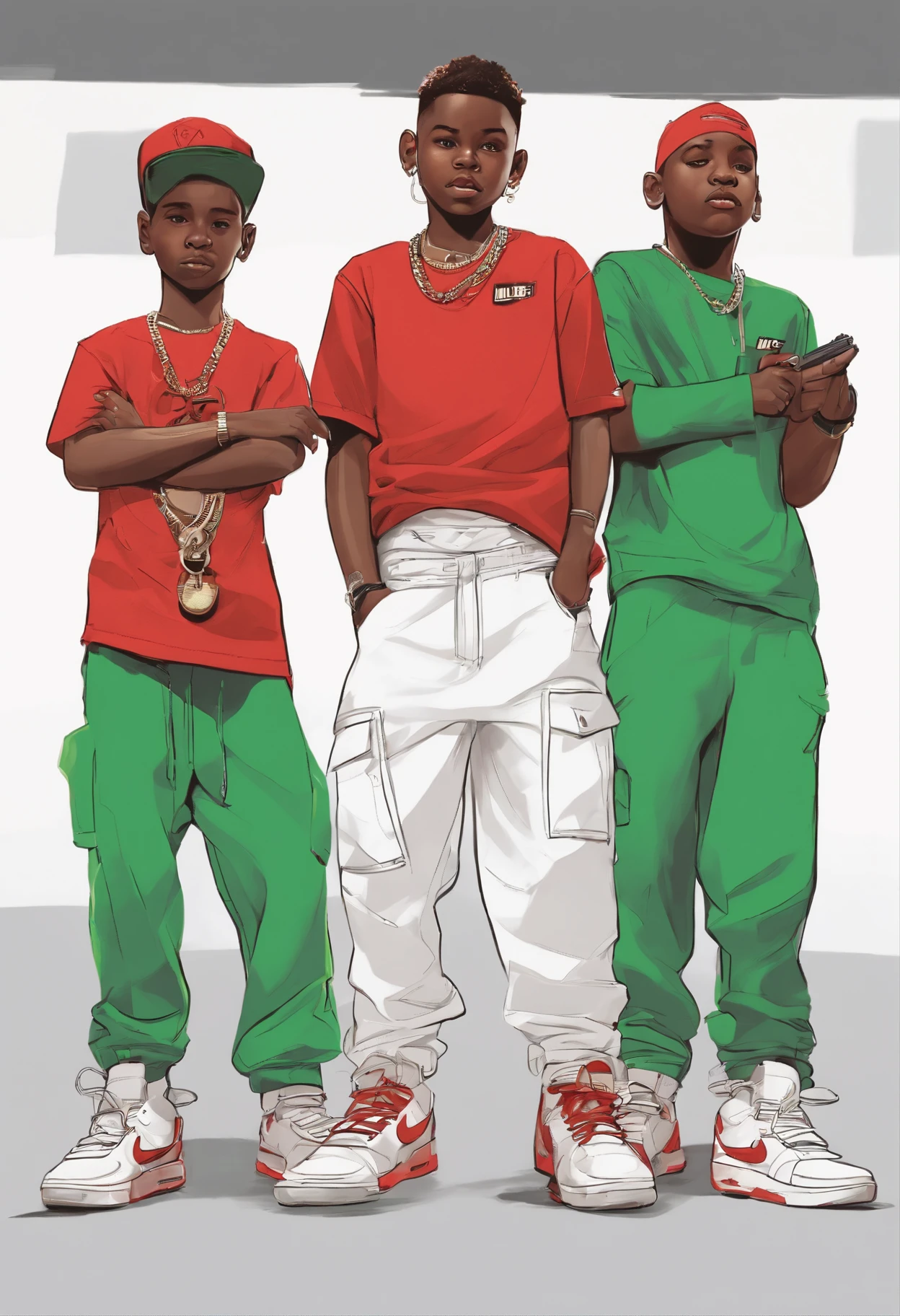 art, drawing, line art, white background, three black boys, , with guns in hands, red horns on head, white t-shirt, green pants, nike snickers, hip-hop, style, sicko