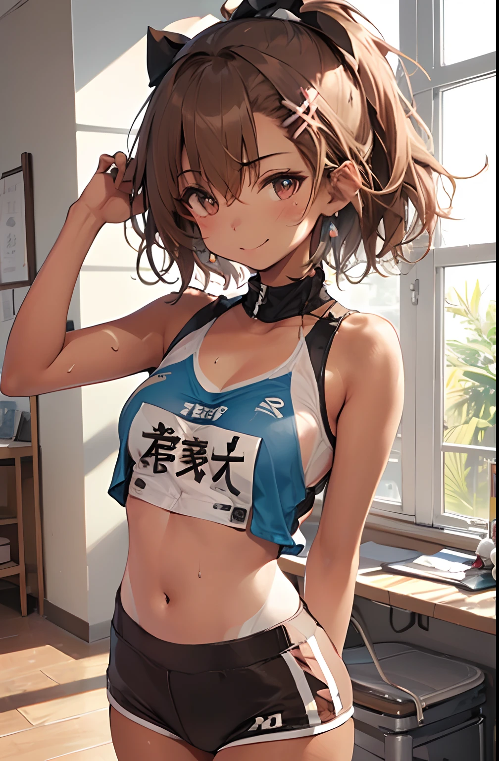 top-quality　Misaka Mikoto　Junior High School Bra　Beige shorts　　　　Cool look　　small tits　　１６age　　in the room　sexypose　Miwaki　Armpit sweat　sodden　　Ecstasy face((masutepiece)), (1 girl:2.0), (extra detailed face, Smiling), Short haircut, Brown hair, Petite, (Thin Build), (a japanese girl), ((Athletics Club Member, Long-distance runner)), Slightly round face, (Tanned brown face:1.6), Cute, Big eyes