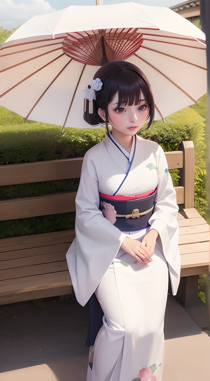 woman in kimono outfit sitting on bench with umbrella in hand, beautiful shining clear eyes, anime girl cosplay, anime cosplay, in kimono, wearing kimono, japanese kimono, in a kimono, wearing a kimono, kimono, cosplay, white hanfu, cosplay photo, classic kimono, japanese clothes, japanese goddess, traditional geisha clothing, anime girl in real life, onmyoji, traditional beauty