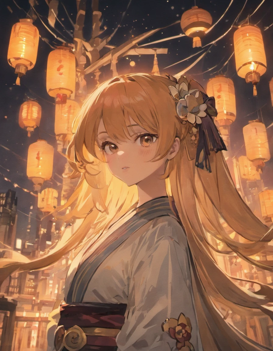 anime big breast,Onichimaru Tatsuka,komono,Black vibrating sleeves,Orange hair,gold eyes, wading, Eau, Hair flowers, florals, exteriors, Skysky, moon full, Sateen,obi strip, paper lanterns, nigh sky,(((tmasterpiece),(Very detailed CG unity 8K wallpaper),best qualtiy,,独奏,1girll,cinmatic lighting,detailed back ground,beatiful detailed eyes,Bright pupils,(Very fine and beautiful),(Beautiful and detailed eye description),ultra - detailed,tmasterpiece,)),