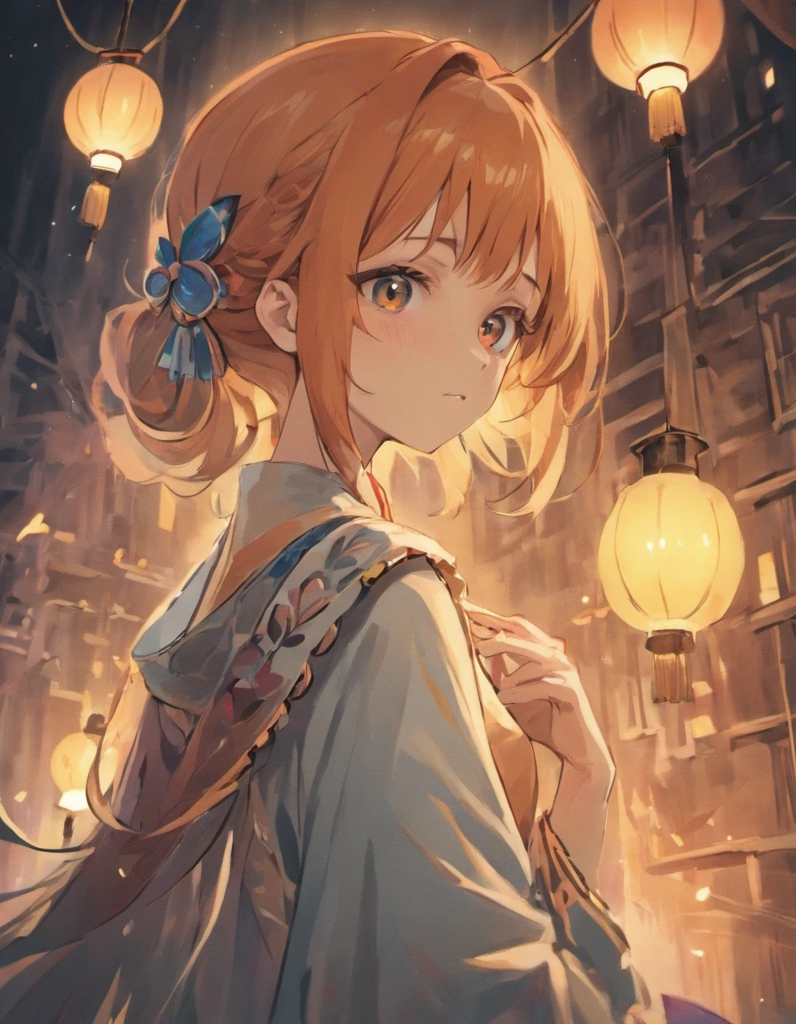 anime big breast，Onichimaru Tatsuka，komono，Black vibrating sleeves，Orange hair，gold eyes， wading， Eau， Hair flowers， florals， exteriors， Skysky， moon full， Sateen，obi strip， paper lanterns， nigh sky，（（（tmasterpiece），（Very detailed CG unity 8K wallpaper），best qualtiy，，独奏，1girll，cinmatic lighting，detailed back ground，beatiful detailed eyes，Bright pupils，（Very fine and beautiful），（Beautiful and detailed eye description），ultra - detailed，tmasterpiece，）），