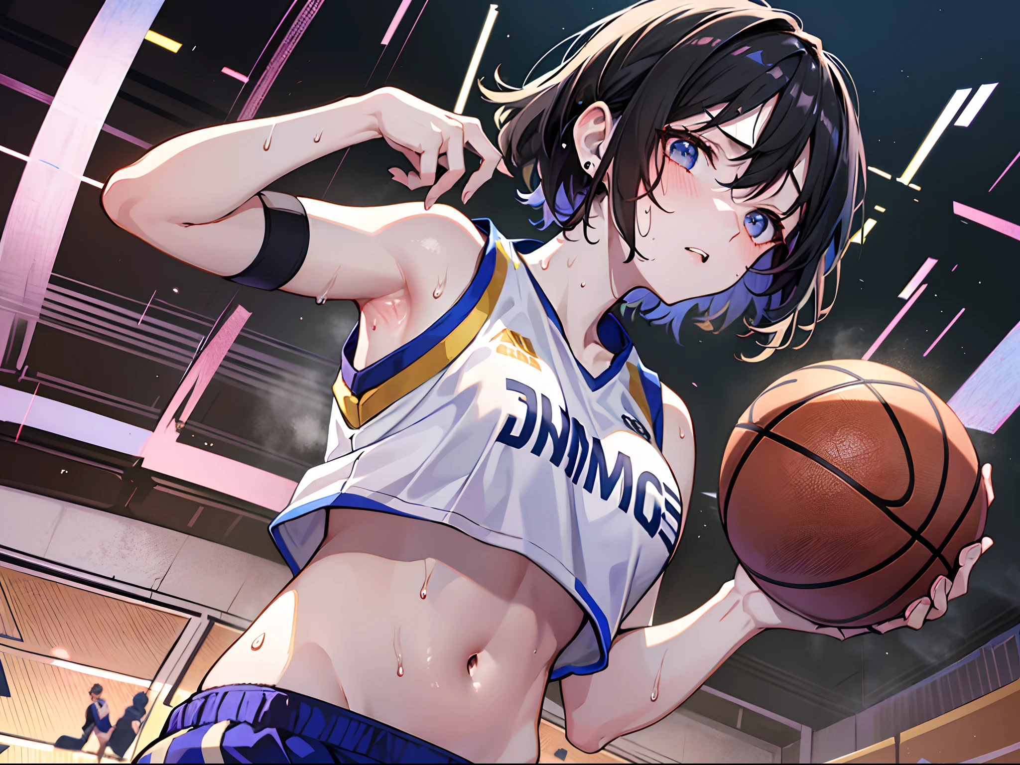 (((masterpiece)))、1 girl in、、top-quality、超A high resolution、8K、Superfine、Wearing a basketball uniform、shoulders can be seen、short-hair、A dark-haired、Playing basketball、cool、(Exercising)、Angle from below、(Lower breast)、(((perspiring)))、(((full of sweat)))、sigh、((Stomach chiller))、a navel、((flank))、shinny skin、((Dynamism)),desperate、steams,