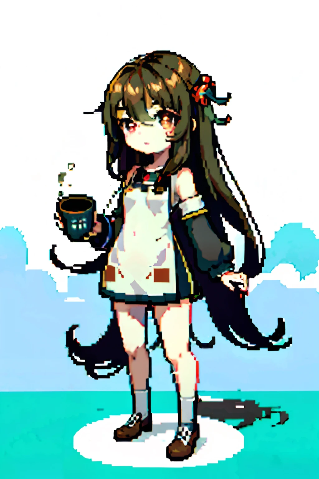 (masterpiece, top quality, best quality), pixel,pixel art,1girl,full body, long brown hair, Red eyes, black clothes with coffee