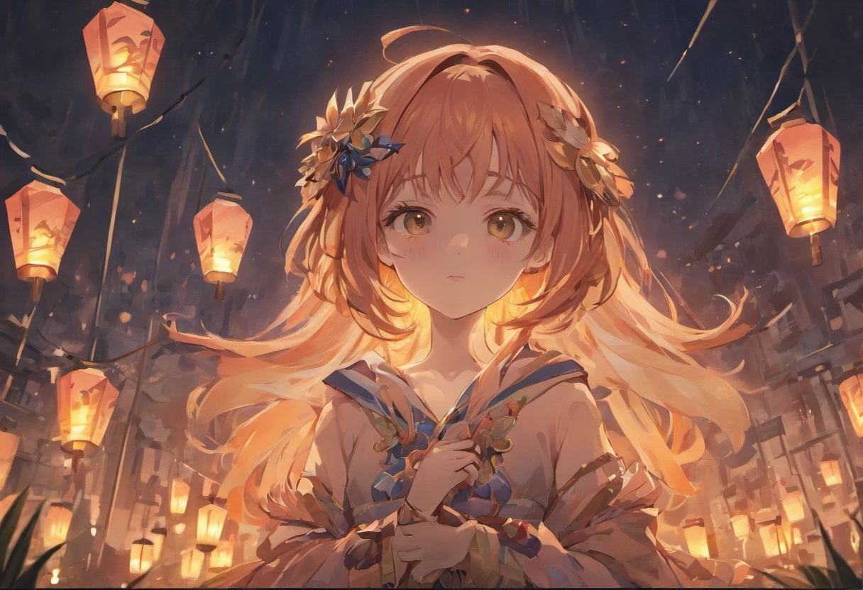 anime big breast，Onichimaru Tatsuka，komono，Black vibrating sleeves，Orange hair，gold eyes， wading， Eau， Hair flowers， florals， exteriors， Skysky， moon full， Sateen，obi strip， paper lanterns， nigh sky，（（（tmasterpiece），（Very detailed CG unity 8K wallpaper），best qualtiy，，独奏，1girll，cinmatic lighting，detailed back ground，beatiful detailed eyes，Bright pupils，（Very fine and beautiful），（Beautiful and detailed eye description），ultra - detailed，tmasterpiece，）），