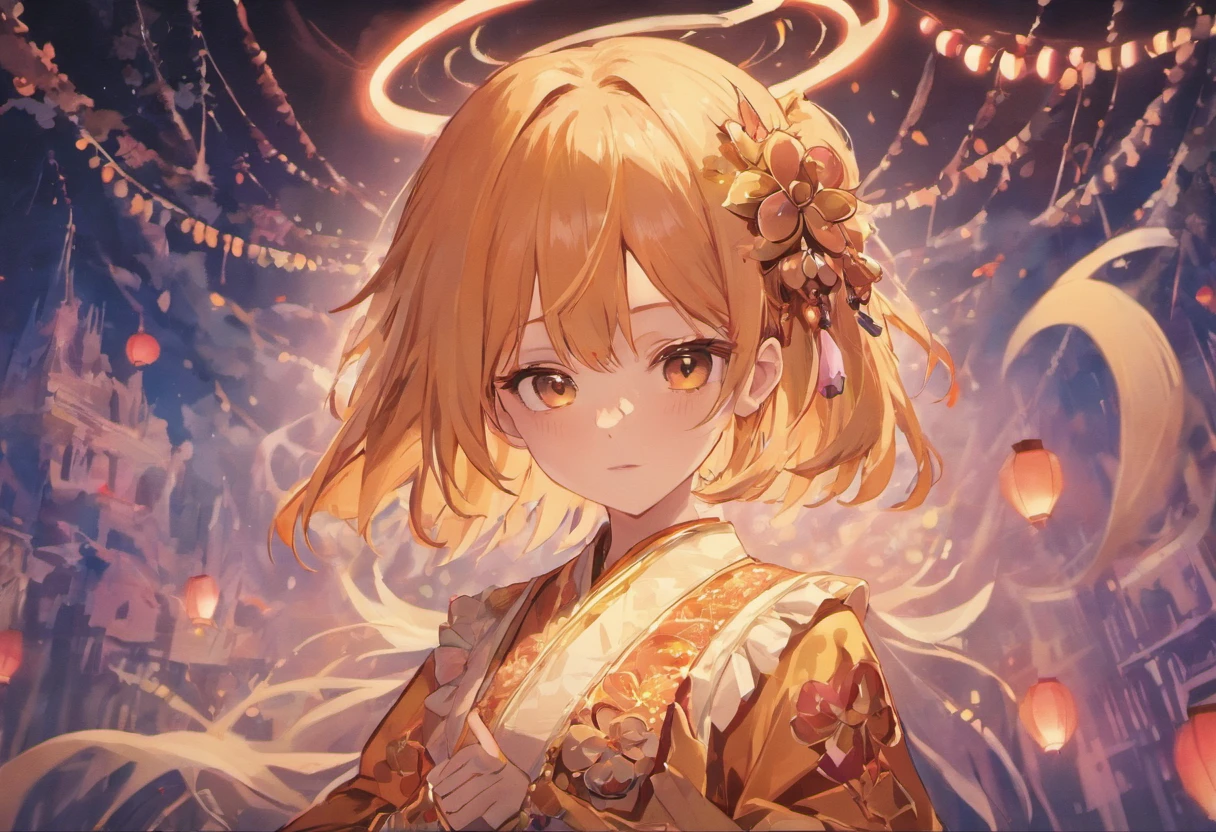 anime big breast，Onichimaru Tatsuka，komono，Black vibrating sleeves，Orange hair，gold eyes， wading， Eau， Hair flowers， florals， exteriors， Skysky， moon full， Sateen，obi strip， paper lanterns， nigh sky，（（（tmasterpiece），（Very detailed CG unity 8K wallpaper），best qualtiy，，独奏，1girll，cinmatic lighting，detailed back ground，beatiful detailed eyes，Bright pupils，（Very fine and beautiful），（Beautiful and detailed eye description），ultra - detailed，tmasterpiece，）），