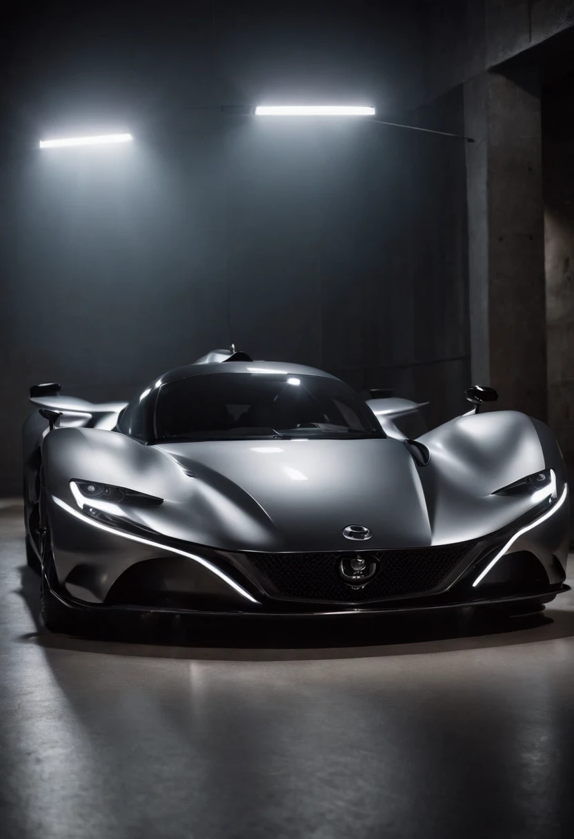 Detailed raw HD photo medium-distance photo (mazda hypercar) , showroom, parked in a parcade (darkly lit, dimly lit, discreet) grunge , menacing urban environment, metal tubes, concreating, decay, micro-details, hyperdetailed, raytracing, realism, crystal clear, photorealism, photorealistic,
(nocturnal, pitch, moody and dark:1.3) (bright headlights: 1.2)