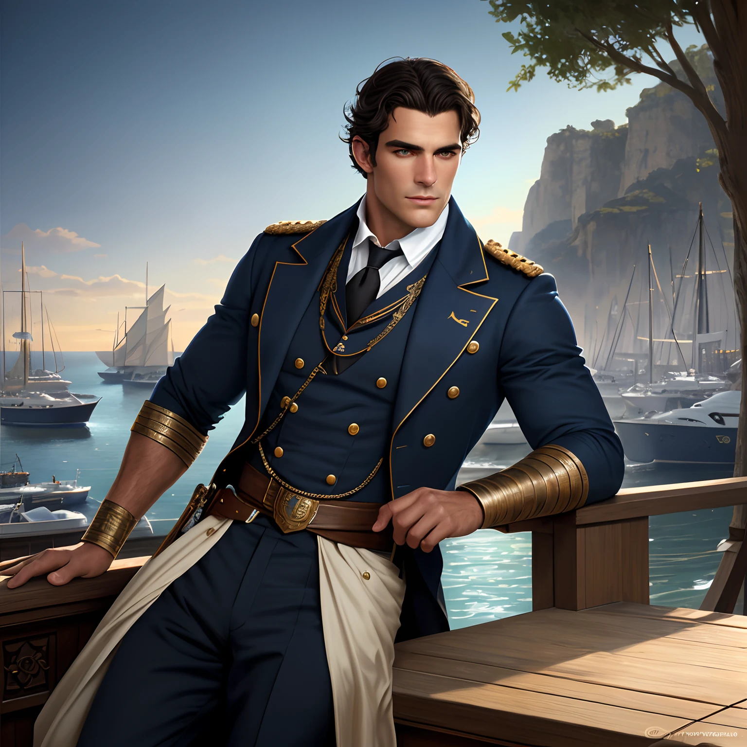 masterpiece stunning beautiful tanned masculine  man, wearing regency navy uniform, no hat, ((sunny harbor background)), black very short hair, perfect, big and detailed blue eyes, resemblance to henri cavill with maxi iglesias, harmonic and detailed face, full body, cover, hyperdetailed painting, luminism, Bar lighting, complex, 4k resolution concept art portrait by Greg Rutkowski, Artgerm, WLOP, Alphonse Mucha: a stunning realistic photograph 30 years
