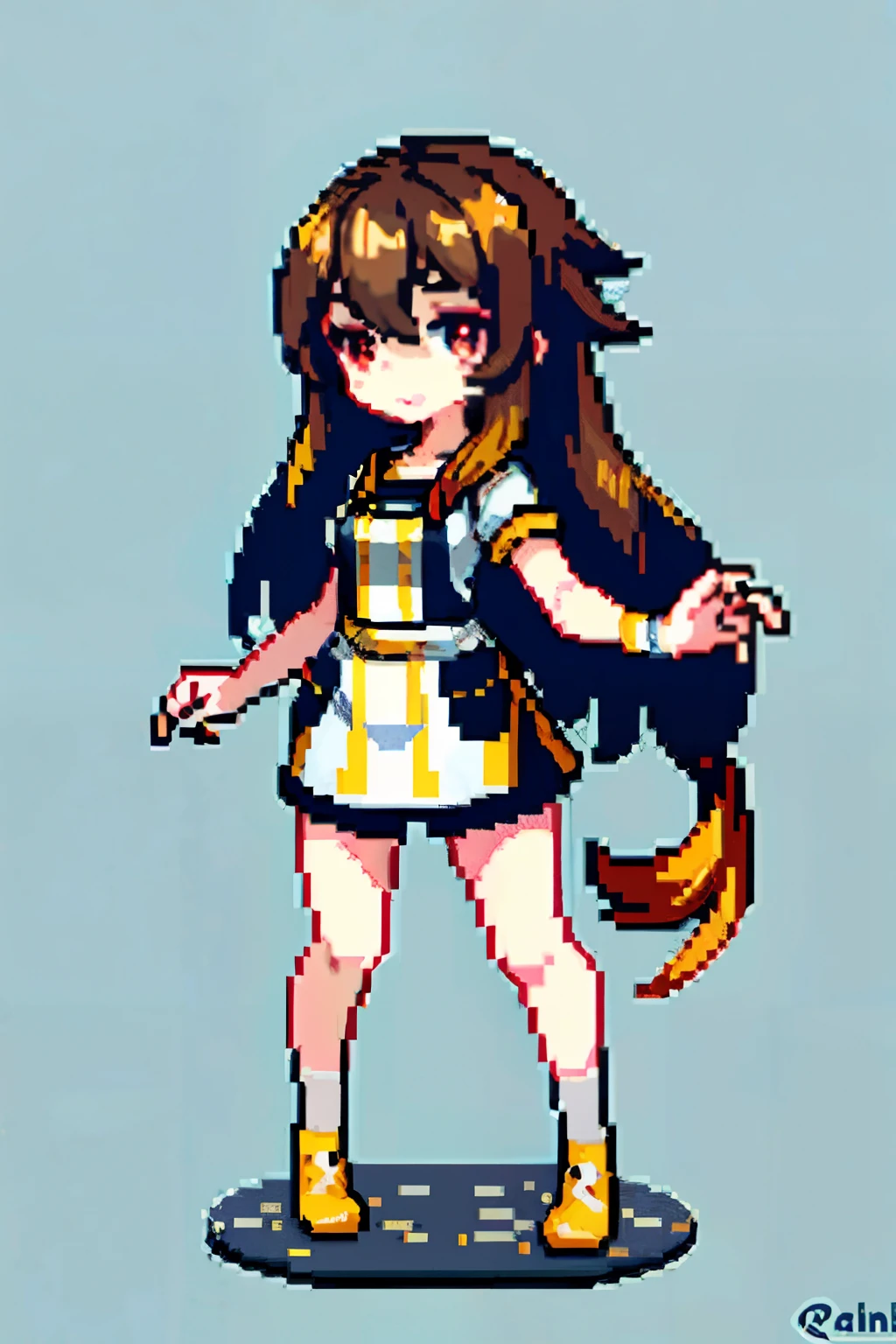 (masterpiece, top quality, best quality), pixel,pixel art,1girl,full body, long brown hair, red eyes with yellow, black clothes with coffee