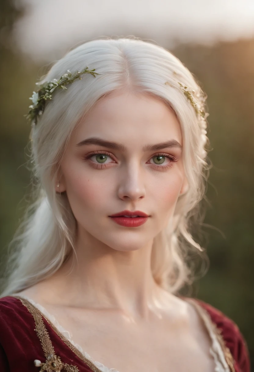 (((a deep reddish wound crosses her left cheek))) fair complexion, woman around 19 years old, natural white hair, distinctive green eyes, wearing kohl, slender and graceful, beautiful, candlelight in a medieval setting, ultra sharp focus, realistic shot, medieval female clothes, tetradic colors (scar:1.4)