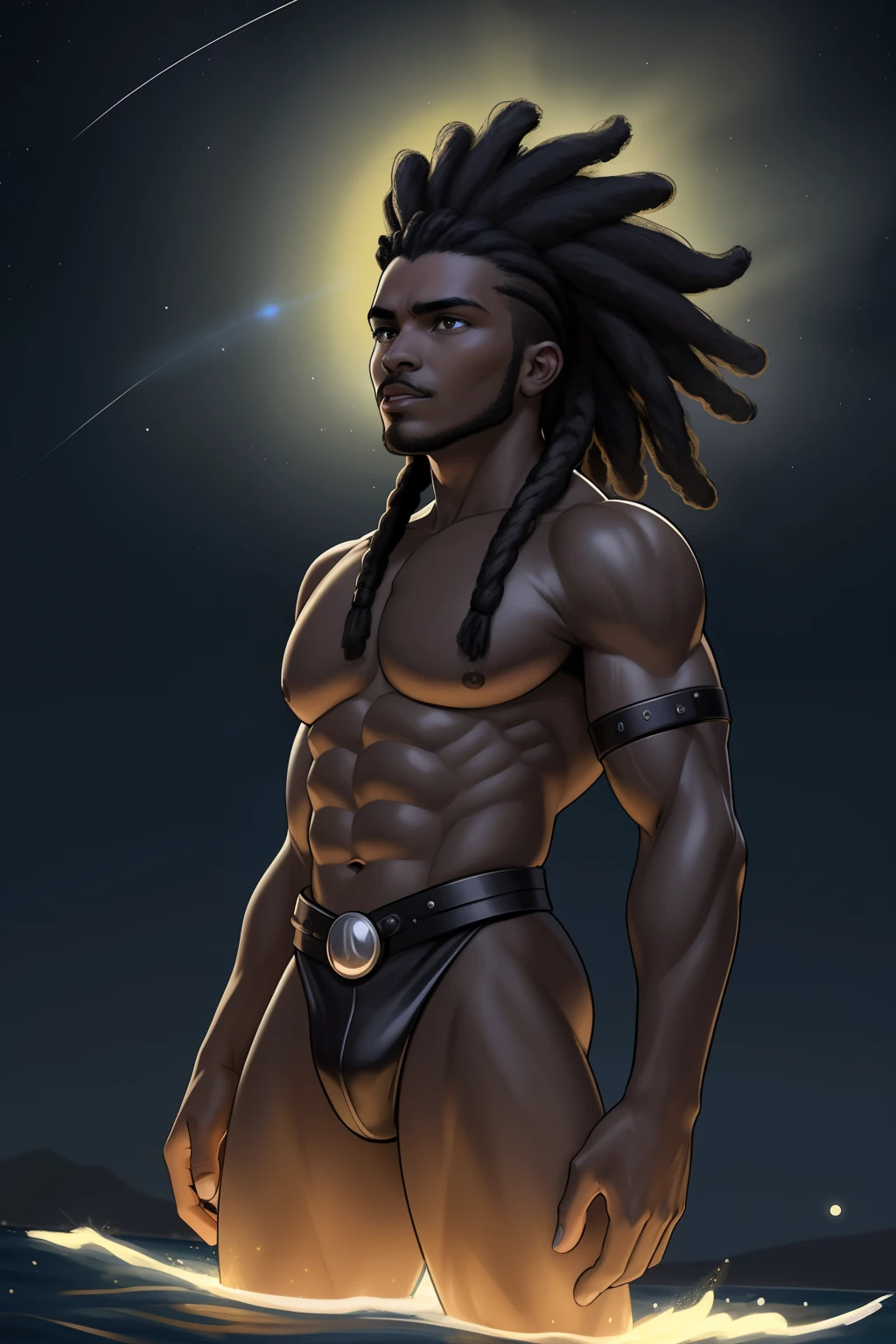 Create an image of a black ninja after an apocalypse in the future afro hair falling forward, Rasta type but braided,tiro de corpo inteiro, tiro de corpo inteiro, , Lightning in the sky, arms extended, olhando para frente, parado no topo de uma montanha, manto e capa vermelhos, cruz brilhante no ar. ,Arte Luz Neon, no escuro da noite, Um navio alto navega pelos mares iluminados pela ,..lua, estrelas, Colouring, circunstanciado, 4k