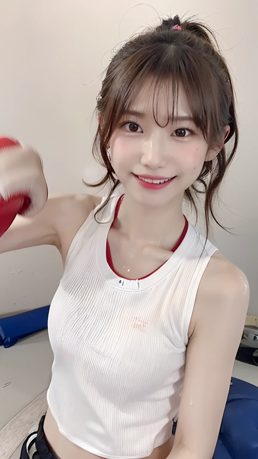(​masterpiece:1.3), (8K, Photorealsitic, Raw photography, Top image quality: 1.4), Japan high school girls、(Random hairstyles:1.2)、(small tits:1.3)、Super Detail Face、Eye of Detail、二重まぶた、foco nítido:1.2、prety woman:1.4、light brown hair、Yokai Maki、top-quality、​masterpiece、超A high resolution、(Photorealsitic:1.4)、very detailed and professional lighting、slender、(Outstanding smile:1.8)、(eye line:1.3)、(Looking at the camera)、Fitness Club Background、Hair in a ponytail、Sportsbra、Short pants、(Sweating:1.8)、Flushed face:1.5、((Punching at the cameraman:1.5))