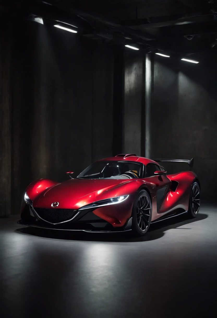 Detailed raw HD photo medium-distance photo (mazda hypercar) , showroom, parked in a parcade (darkly lit, dimly lit, discreet) grunge , menacing urban environment, metal tubes, concreating, decay, micro-details, hyperdetailed, raytracing, realism, crystal clear, photorealism, photorealistic,
(nocturnal, pitch, moody and dark:1.3) (bright headlights: 1.2)