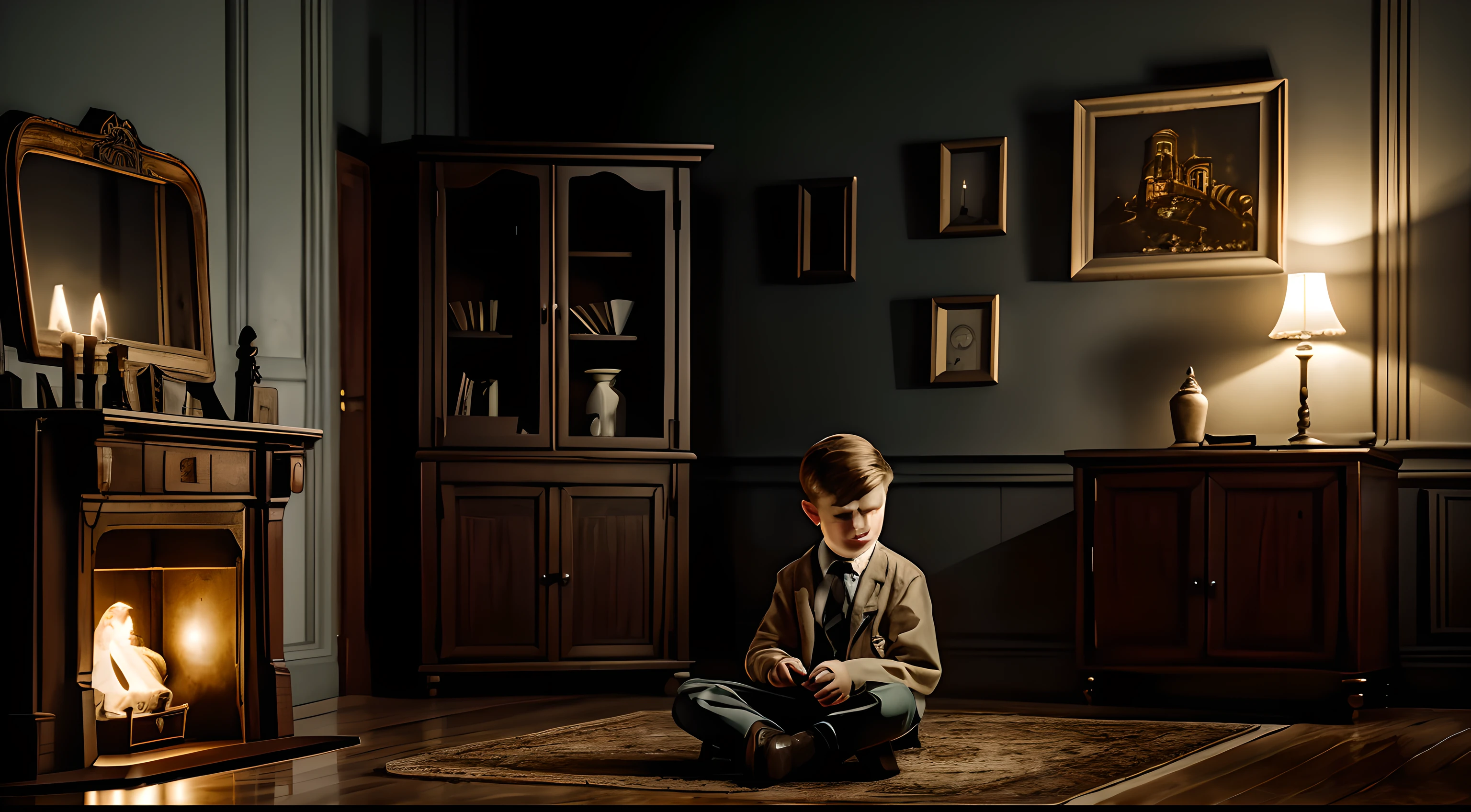 "An illustration of a 10-year-old boy dressed in 1950s high school attire, sitting on the floor, happily playing with his wooden car. The scene is set in an old haunted house, dark, illuminated only by a lit fireplace and candles. On the wall, there's an old clock. A staircase leads to the upstairs rooms. The atmosphere of the illustration is extremely eerie, dark, and cold. Hyper-detailed and finely rendered in 8K."