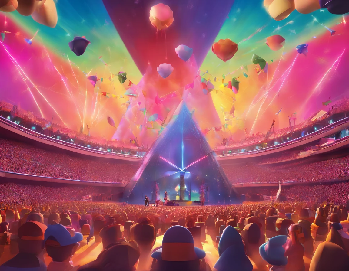 Imagine a Pink Floyd concert seen from the audience's point of view. The characters and setting are meticulously designed in the Disney Pixar Dreamworks 3D style, creating an animated film atmosphere reminiscent of Disney, Pixar and Dreamworks.