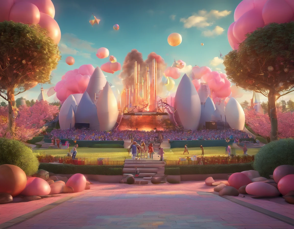 Imagine a Pink Floyd concert seen from the audience's point of view. The characters and setting are meticulously designed in the Disney Pixar Dreamworks 3D style, creating an animated film atmosphere reminiscent of Disney, Pixar and Dreamworks.