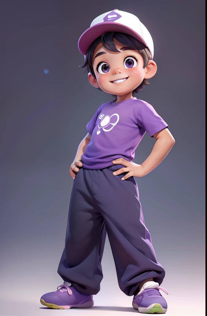 [(An adorable smiling boy standing up with one foot over a soccer ball:1.2)(Small and cuddly baby)(pele clara)(Feliz)][(vestindo fantasia inspirada no 'Minnie') , childrens illustration , fundo limpo], wearing a purple t-shirt and a beisball hat, corpo inteiro .