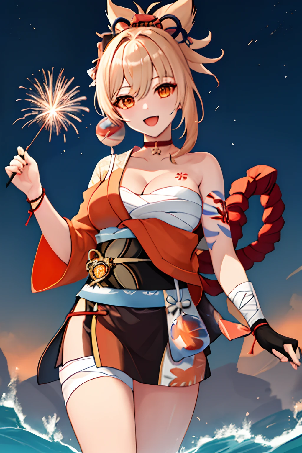 1 Girl, :D Absurdres, Asymmetrical Hair, Bandaged Leg, Bandages, Bangs, Bird, Black Gloves, Black Sash, Blonde Hair, Breasts, Budget Sarashi, Butterfly Choker, Chest Sarashi, Chest Tattoo, Choker, Cleavage, Collarbone, Commentary Request, Cowboy Shot, Depth of Field, Evening, Fingerless Gloves, Fireworks, Fish, Fish Hair Ornament, Floating Hair, Flower Tattoo, Genshin Impact, Gloves, Hadanugi Dousa, Hair Between Eyes, Hair Ornament, Hand Up, Head Tilt, High Ponytail, Highres, Holding, Holding Fireworks, Houkisei, Japanese Clothes, Kanzashi, Kimono, Kinchaku, Large Breasts, Looking at Viewer, Medium Hair, Mountainous Horizon, Nail Polish, Obi, Obiage, Obijime, Open Mouth, Orange Eyes, Orange Kimono, Orange Nails, Outdoors, Paid Reward Available, Pendant Choker, Pouch, Print Kimono, Red Choker, Rope, Sarashi, Sash, Shimenawa, Short Kimono, Sidelocks, Single Bare Shoulder, Single Fingerless Glove, Single Glove, Sky, Smile, Solo, Sparkler, Tassel, Tattoo, Teeth, Thighs, Upper Teeth Only, Vision (Genshin Impact), Water, Wristband, Yoimiya (Genshin Impact), 1girl,solo,standing, night sky,