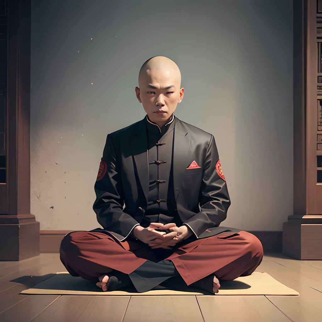 1 Chinese monk sitting in meditation, Wear a tie jacket, skinhead --auto --s2
