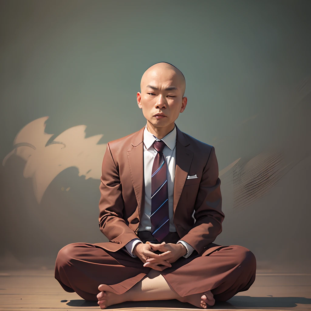 1 Chinese monk sitting in meditation, Wear a tie jacket, skinhead --auto --s2