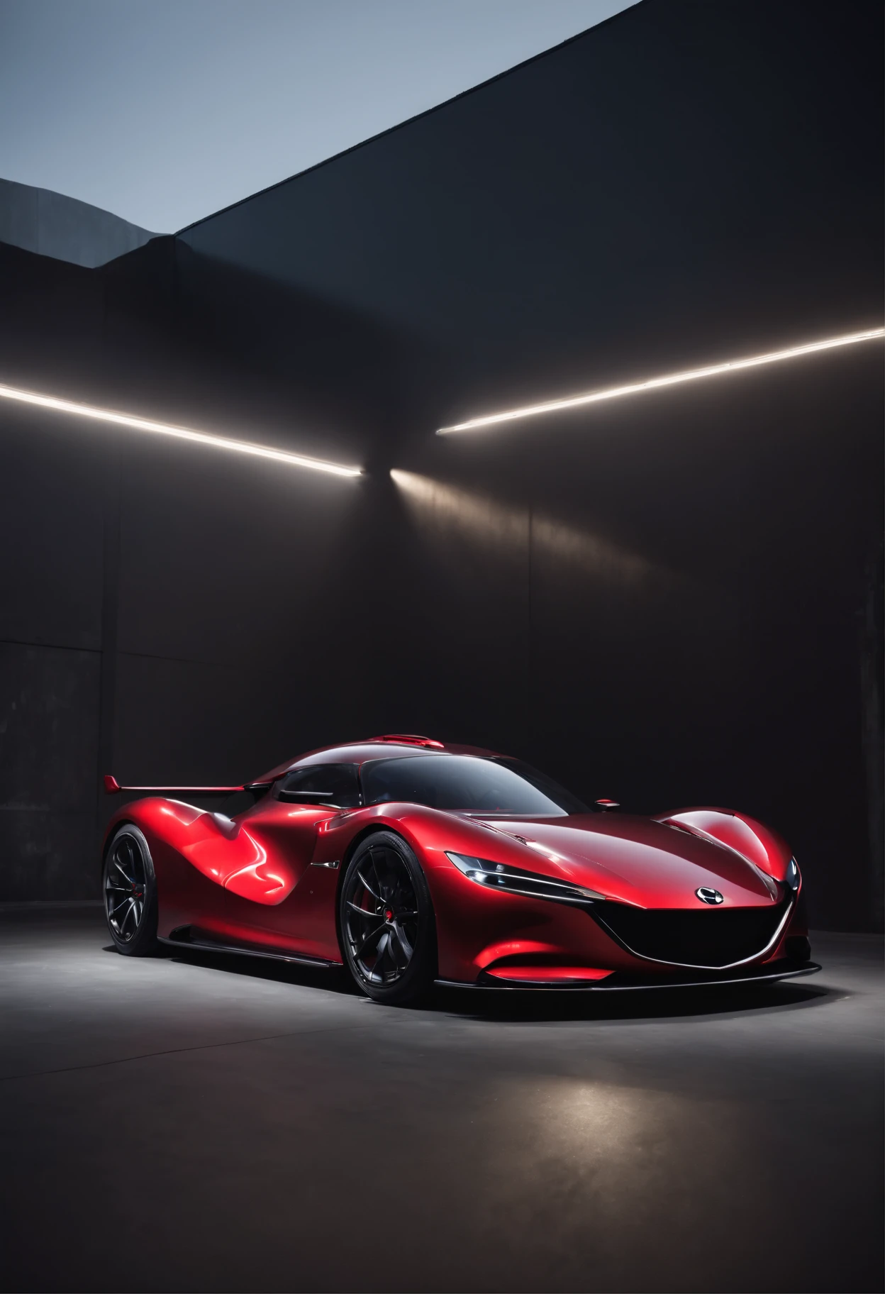 Detailed raw HD photo medium-distance photo (mazda hypercar) , showroom, parked in a parcade (darkly lit, dimly lit, discreet) grunge , menacing urban environment, metal tubes, concreating, decay, micro-details, hyperdetailed, raytracing, realism, crystal clear, photorealism, photorealistic,
(nocturnal, pitch, moody and dark:1.3) (bright headlights: 1.2)