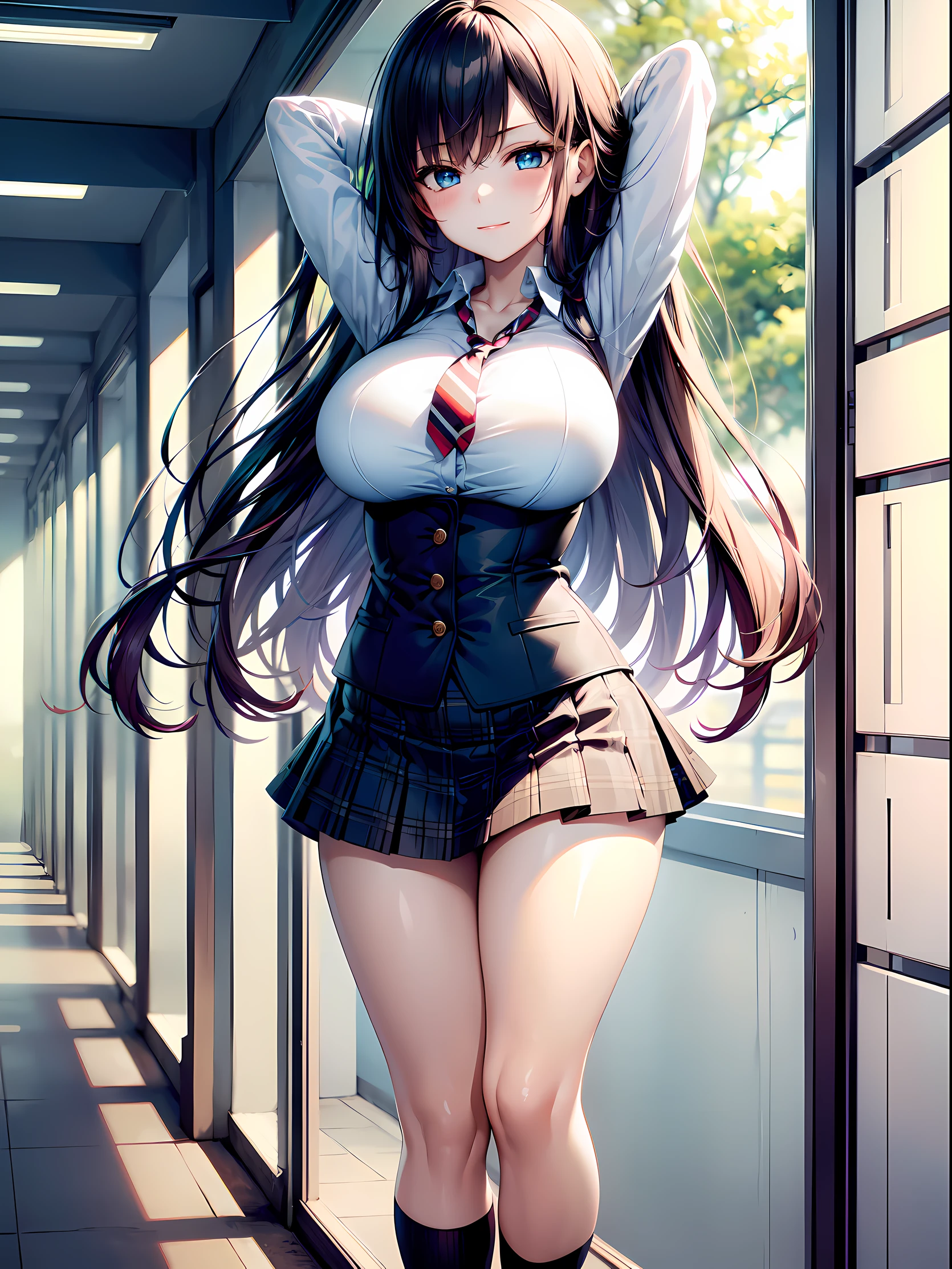 ((masterpiece)), ((Best Quality)), (ultra-detailed), ((extremely detailed)), 4K, (8K), best quality, top-quality, anime style, 1girl, solo, The most detailed skin, (bold lines:1.2), cowboy shot, arms behind head, leaning forward, //, Modified school uniform with deep V-neck cut at the chest and short skirt. Details: Blazer-like coat, white shirt, ribbon tie, checkered mini-skirt, knee-high socks, school shoes, //, (large breasts), (Slender legs), breasts falling aside, Perfect eyes, Perfect iris, //, (sexual expression:1.2), smirk, blush//, bob hair style, Bright blue. hair color, (beautiful eyes), //, Dimly lit school corridor with lockers