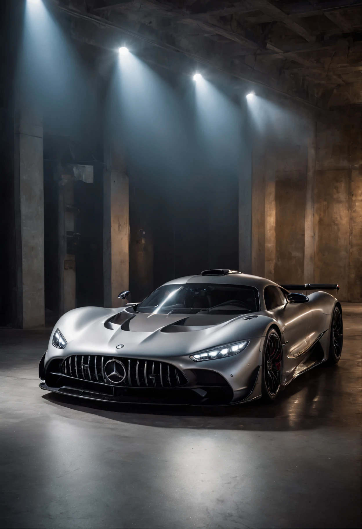 Detailed raw HD photo medium-distance photo (Mercedes hypercar) , showroom, parked in a parcade (darkly lit, dimly lit, discreet) grunge , menacing urban environment, metal tubes, concreating, decay, micro-details, hyperdetailed, raytracing, realism, crystal clear, photorealism, photorealistic,
(nocturnal, pitch, moody and dark:1.3) (bright headlights: 1.2)