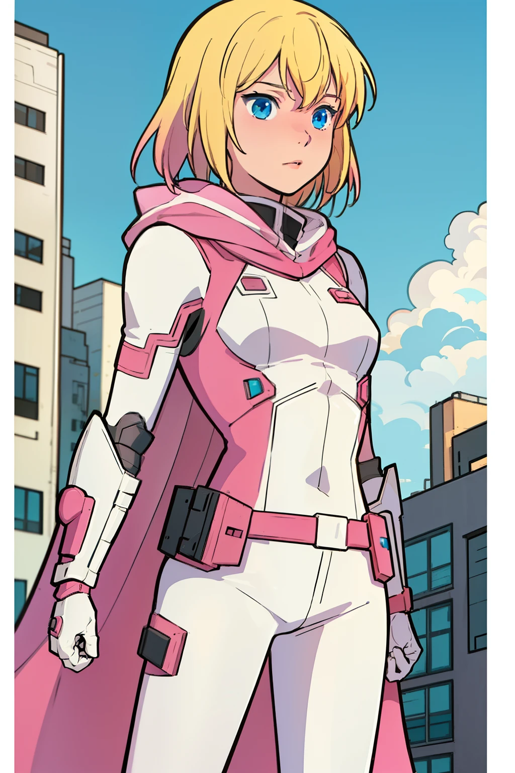 solo, 1girl, (masterpiece), ((16 year old appearance)), Blonde hair, Medium hair, blue eyes, anime girl, pink super hero uniform with white pants, cloak, small breasts, robotic Gauntlet, latex, nigth city background, Standing