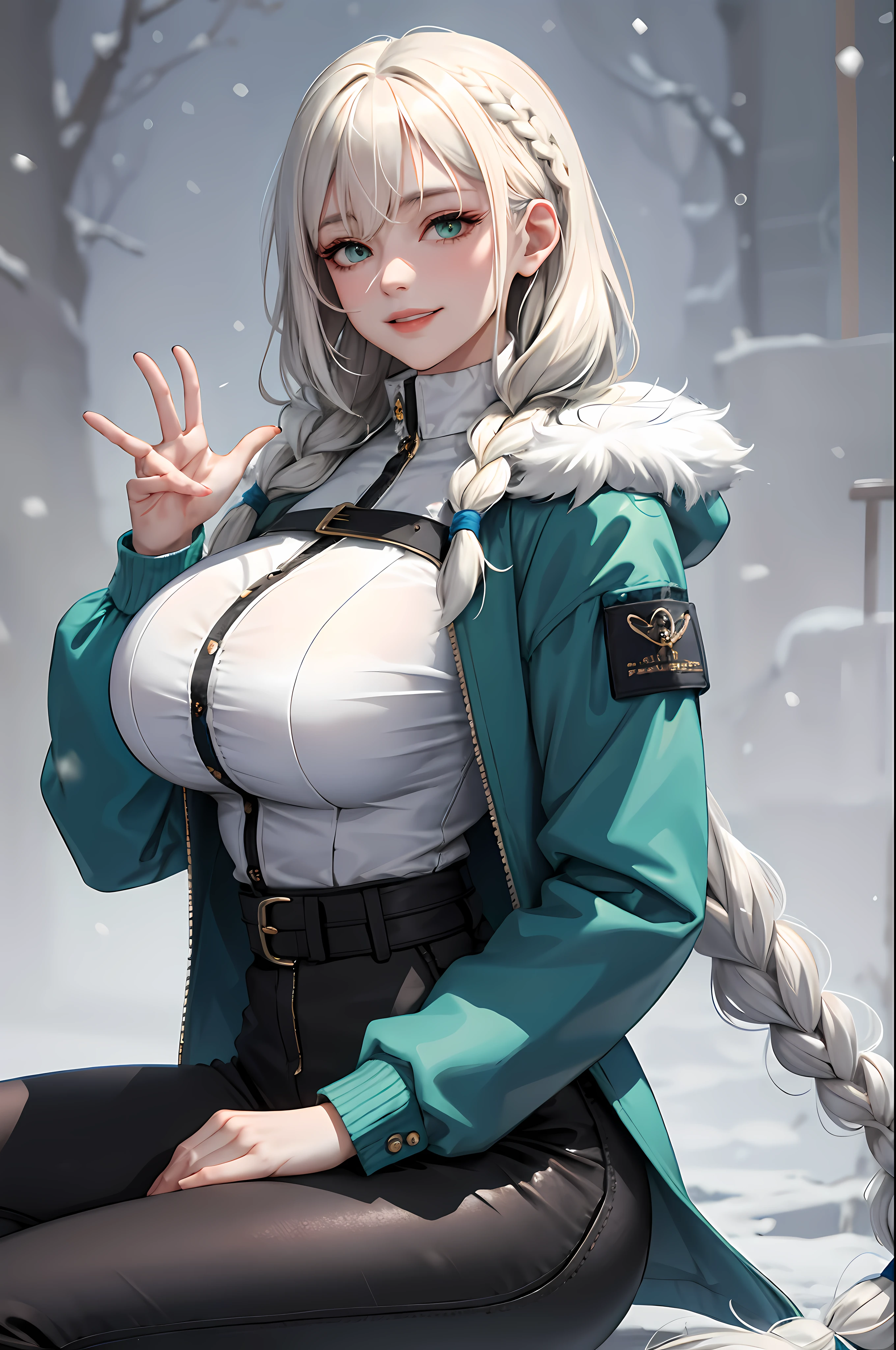 (masterpiece:1.2, best quality), (real picture, intricate details), 1lady, solo, upper body, sitting down, sitting on ground, casual, long hair, minimal makeup, natural fabrics, close-up face, smiling, happy expression, snow, snowing, cold settings, really long light platinum blonde hair, hair in braids, braided long hair, bangs, voluminous hair, green eyes, emerald green eyes, big breasts, big ass, big tits, blue jacket, jacker with fur , white fur, blue jacket with fur, blue jacket white fur, bangs on forehead, Korean bangs, cute bangs, mature face, 1adult, 1 female, 1 woman, thighs, black tight pants, black pants, tight pants, (big tits), (big breasts).