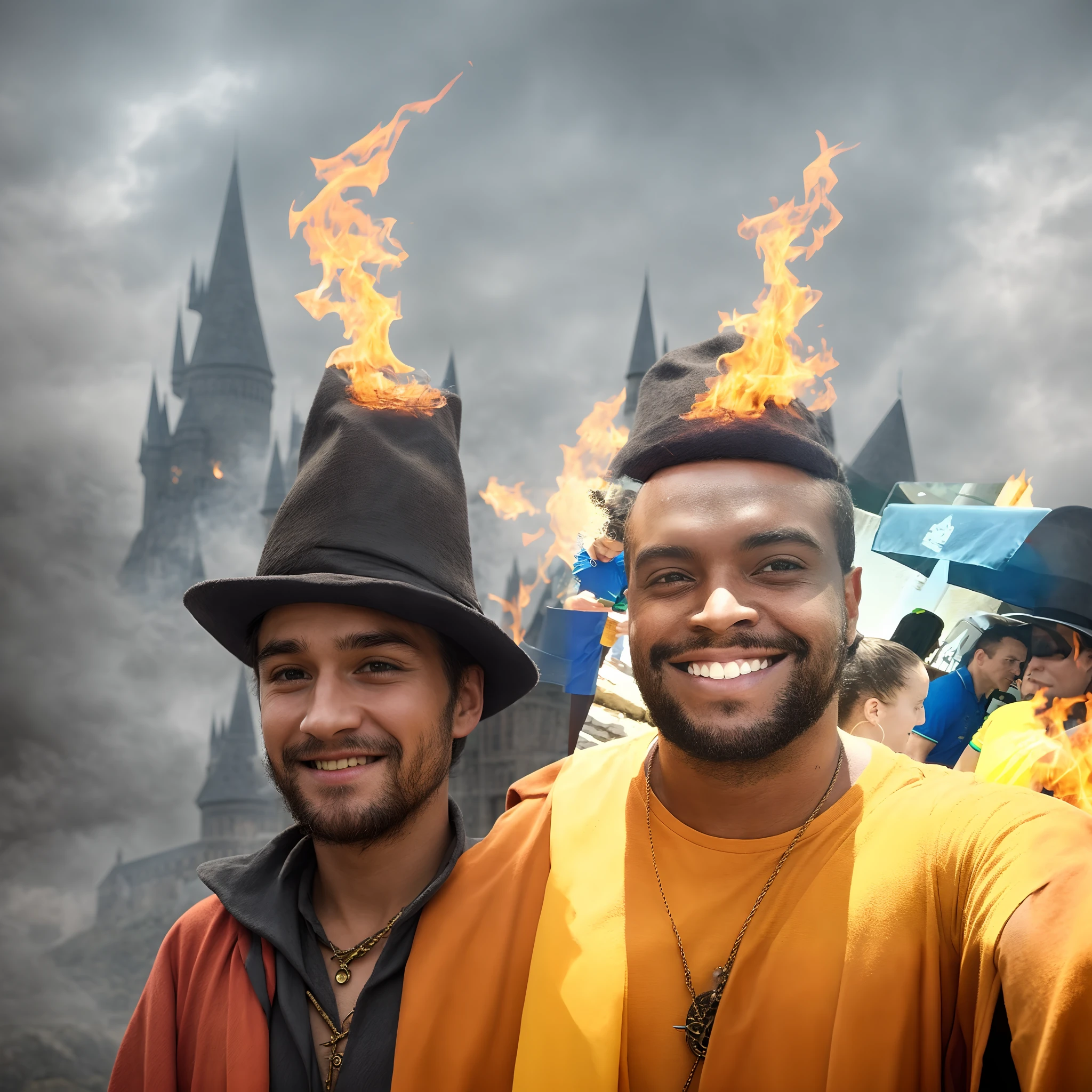 Wizard, fire ball, a long hat, harry potter