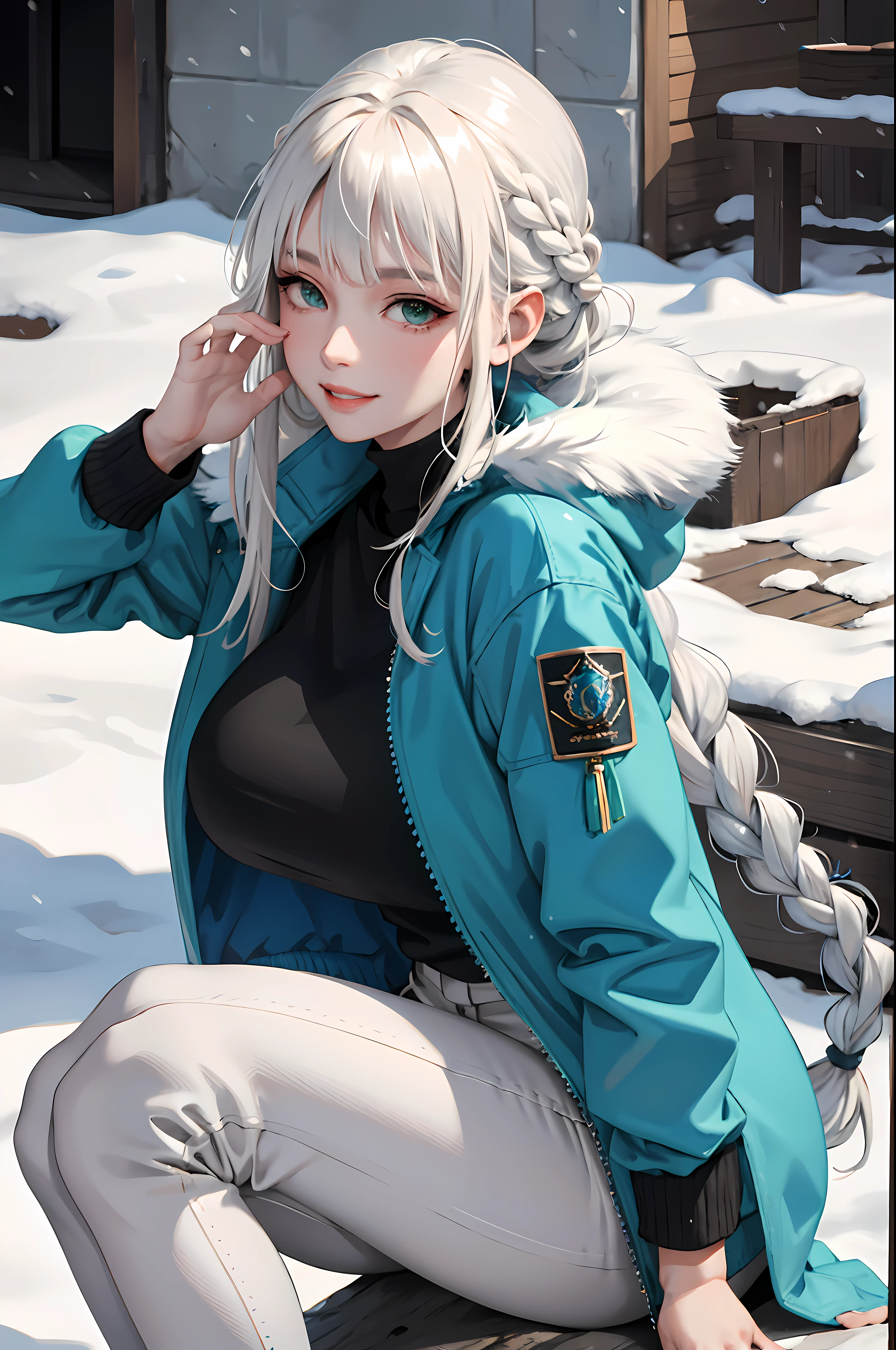 (masterpiece:1.2, best quality), (real picture, intricate details), 1lady, solo, upper body, sitting down, sitting on ground, casual, long hair, minimal makeup, natural fabrics, close-up face, smiling, happy expression, snow, snowing, cold settings, really long light platinum blonde hair, hair in braids, braided long hair, bangs, voluminous hair, green eyes, emerald green eyes, big breasts, big ass, big tits, blue jacket, jacker with fur , white fur, blue jacket with fur, blue jacket white fur, bangs on forehead, Korean bangs, cute bangs, mature face, 1adult, 1 female, 1 woman, thighs, black tight pants, black pants, tight pants, (big tits), (big breasts).