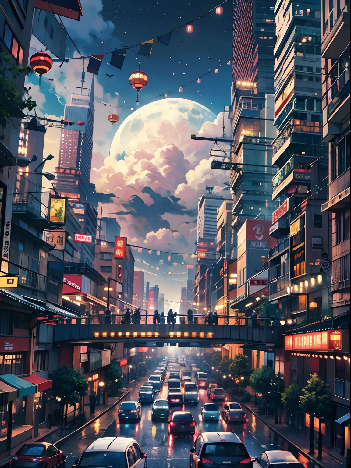 Very large flying ship、Lots of clouds,heavy fog、starrysky、Moon,Chaotic city of the future、Movie dystopia、A group of very tall skyscrapers stands in the center、Very complex cityscape,Crowded Chinese skyscrapers、street signs、streetlights、taxis、buses、Train、Pretty dim lighting、Dark road、puddles、Chaotic、Beautiful and fantastic scenery、Cinematic scenery、hightquality、masutepiece,in 8K、hight resolution、